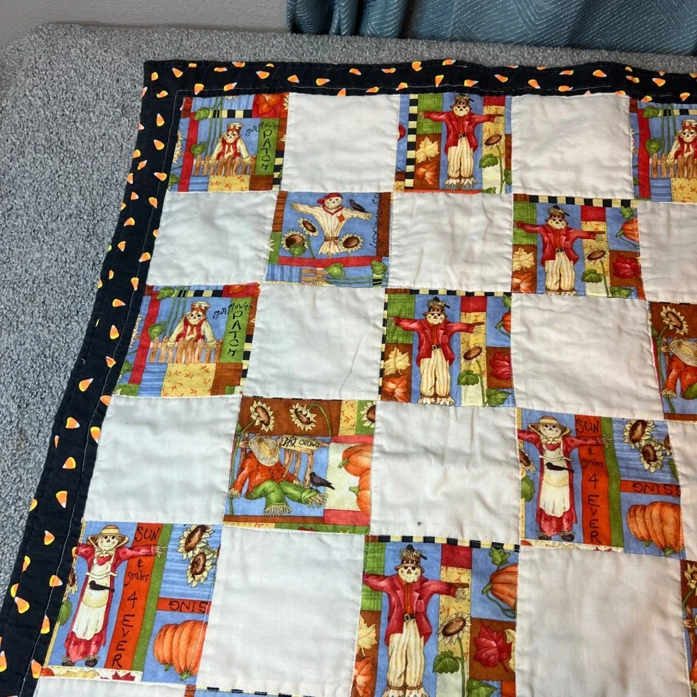 vtg Handmade quilt Autumn Scarecrow‎ Throw Blanket fall patchwork cozy harest